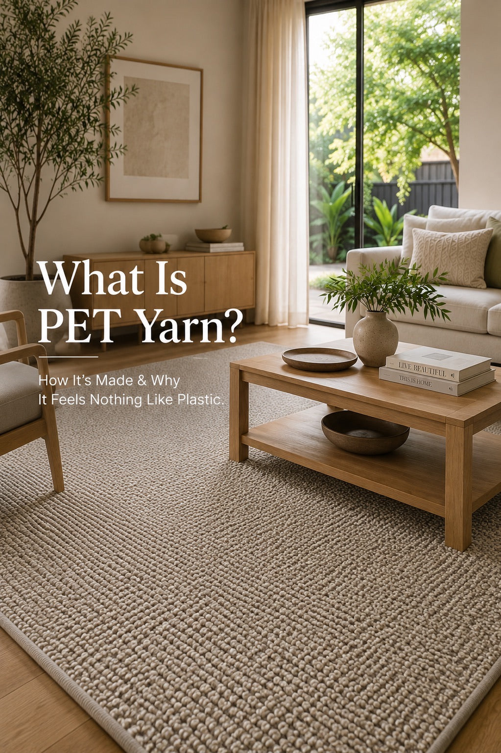 A PET Yarn hand woven textured rug styled in a modern Perth home living room setting.