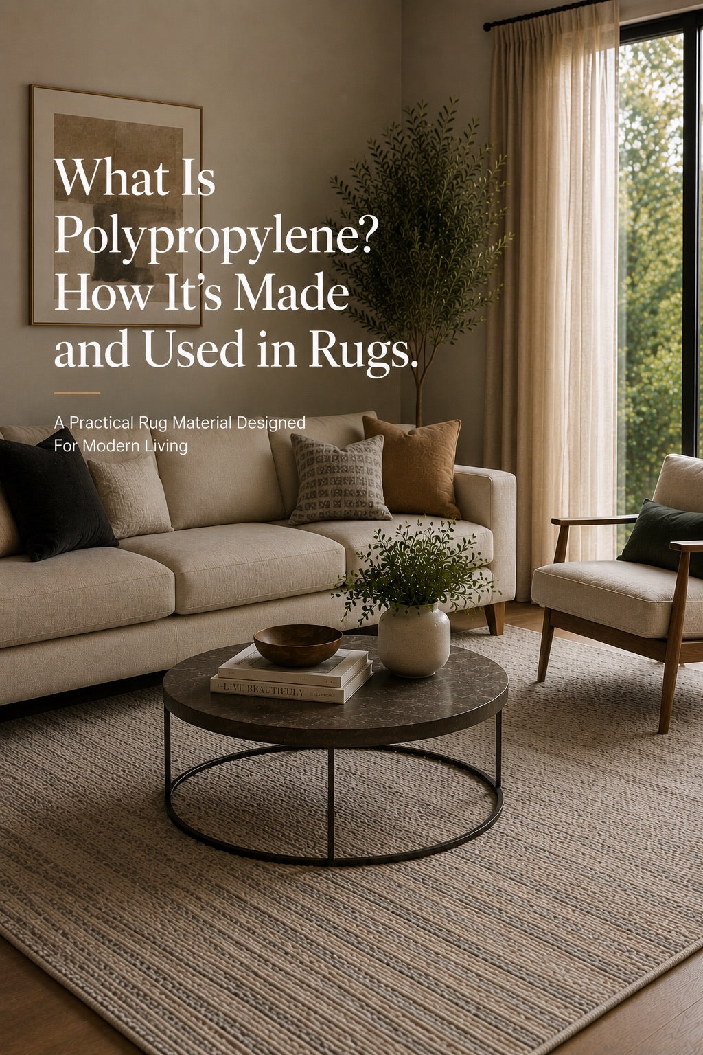 A polypropylene rug styled in a modern Perth home living room setting.