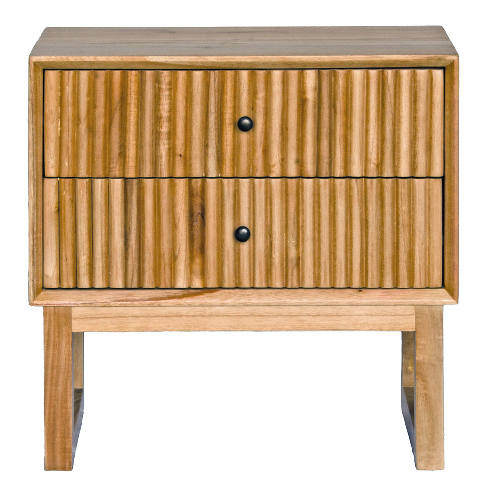The Whistler 2 Drawer Bedside is crafted from sustainable white cedar and features two drawers, on wood runners, with a stylish textured drawer cover. Colour natural. Measures 600 wide X 350 depth X 600 height. Front Plain.