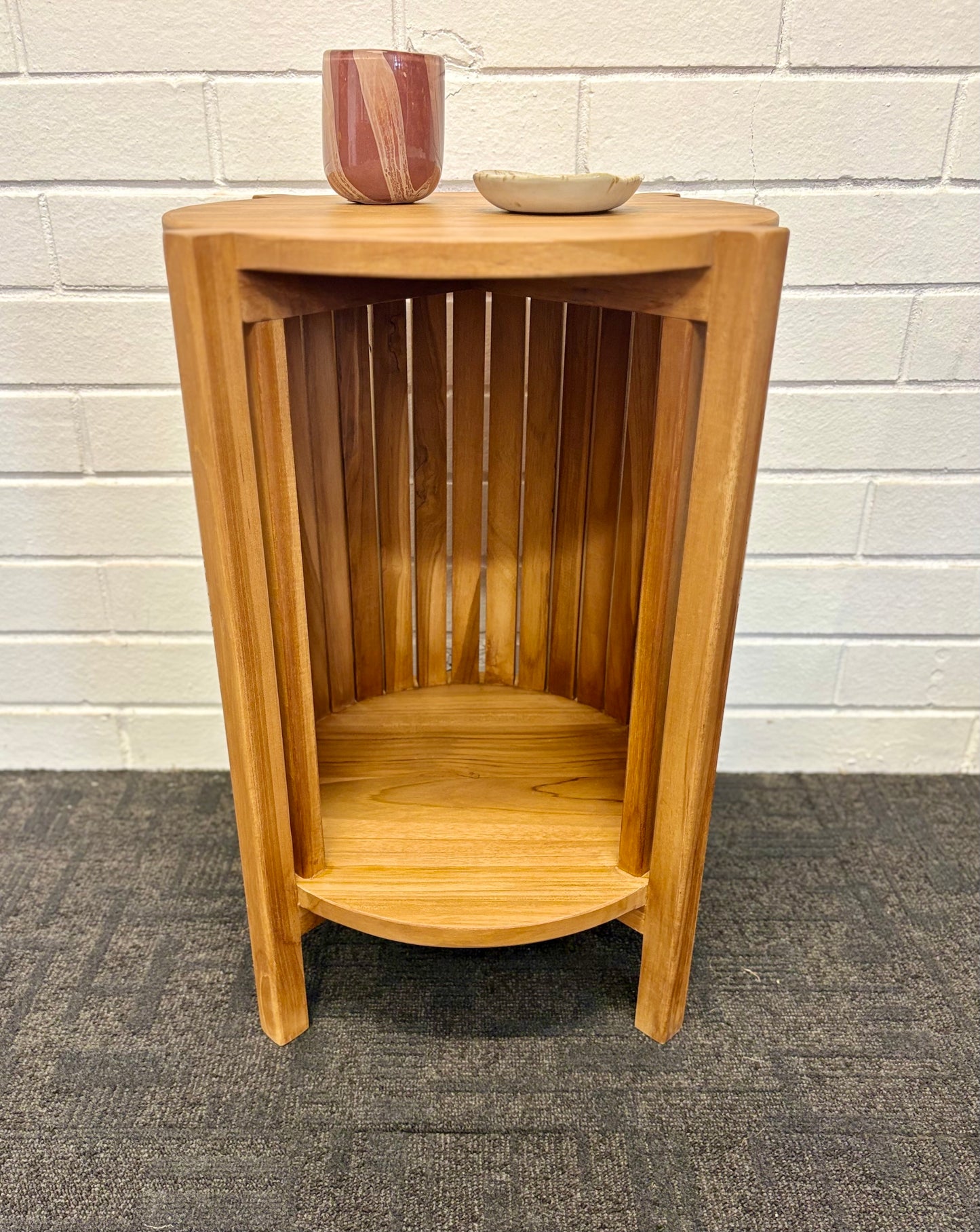 Whitney Side Table made from natural sustainable teak with open slatted base. Ochoco Side Table Perth. Front.