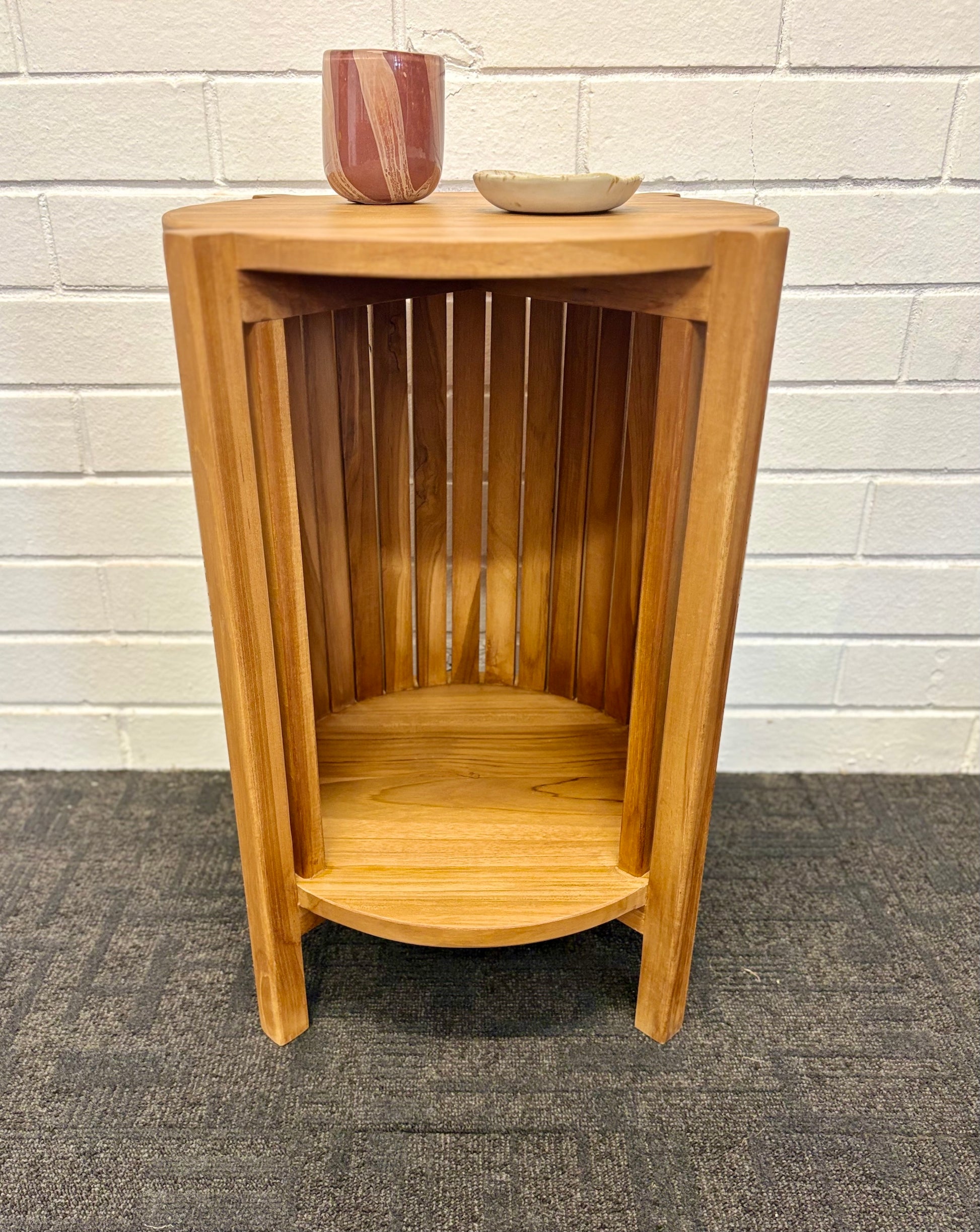 Whitney Side Table made from natural sustainable teak with open slatted base. Ochoco Side Table Perth. Front.
