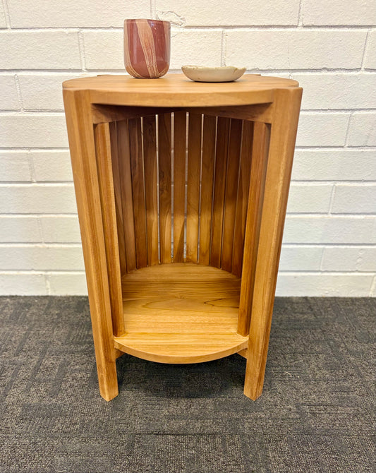 Whitney Side Table made from natural sustainable teak with open slatted base. Ochoco Side Table Perth. Front.