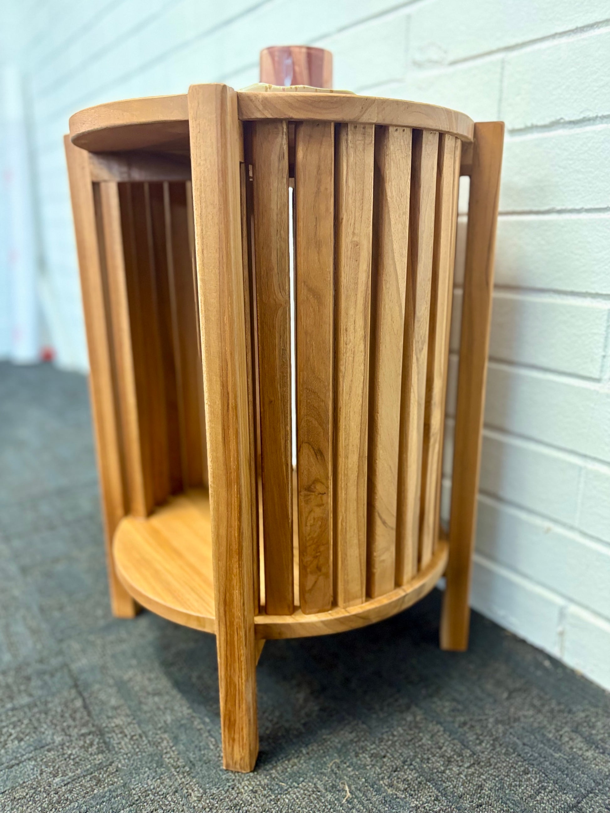 Whitney Side Table made from natural sustainable teak with open slatted base. Ochoco Side Table Perth. Side.