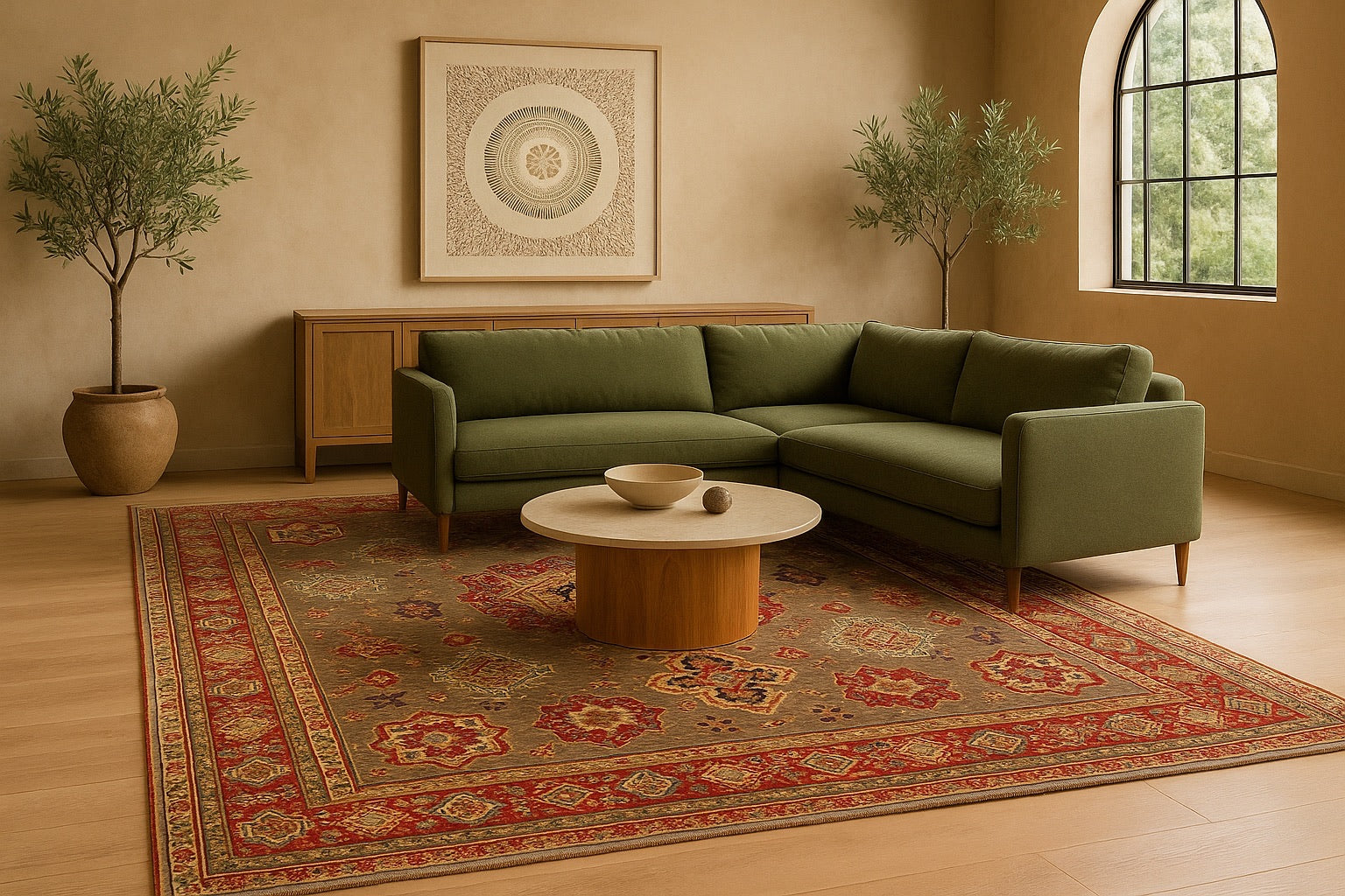 A Wool hand-knotted kazak rug styled in a modern Perth home living room.