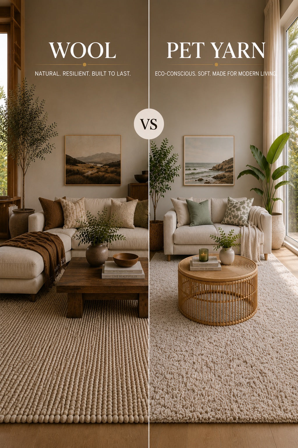 A split image of a wool rug and a PET Yarn rug both styled in modern Perth home living room settings.