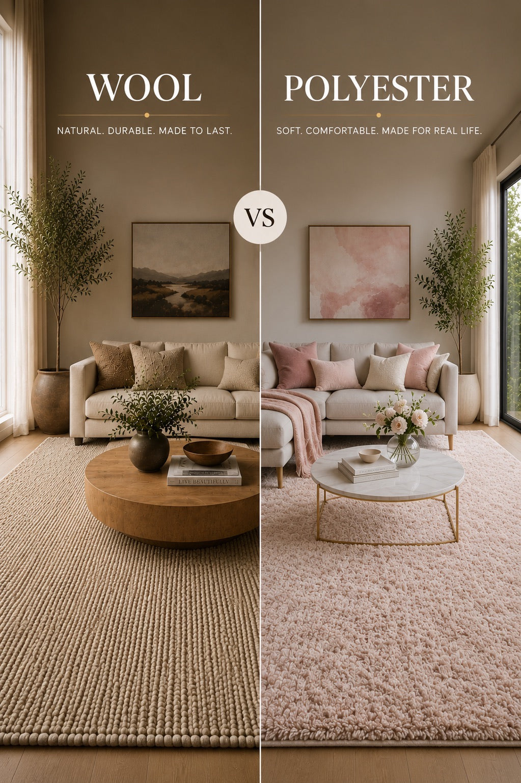 A split image of a wool rug and a polyester rug both styled in modern Perth home living room settings.