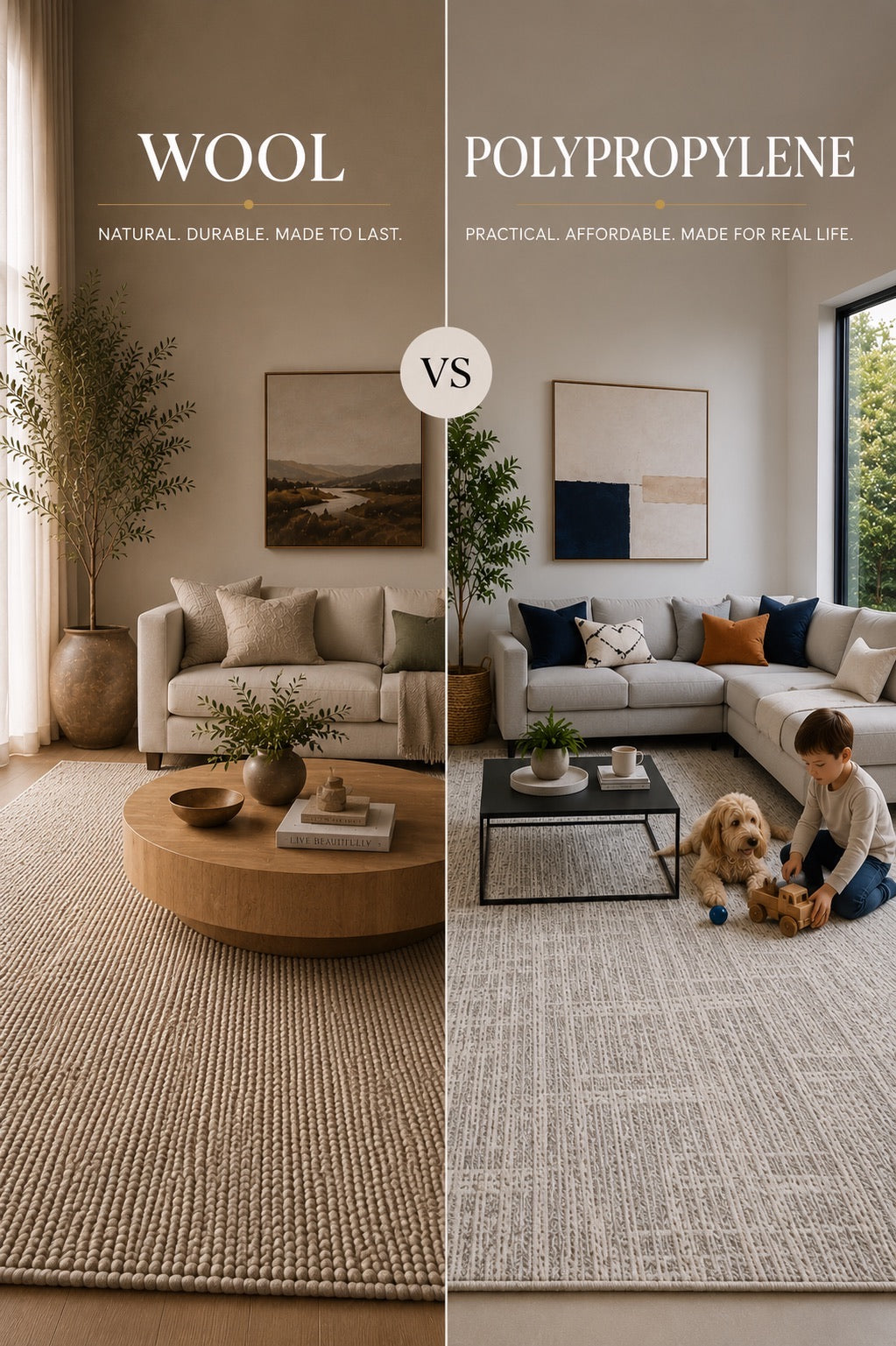 A split image of a wool rug and a polypropylene rug both styled in modern Perth home living rooms setting.