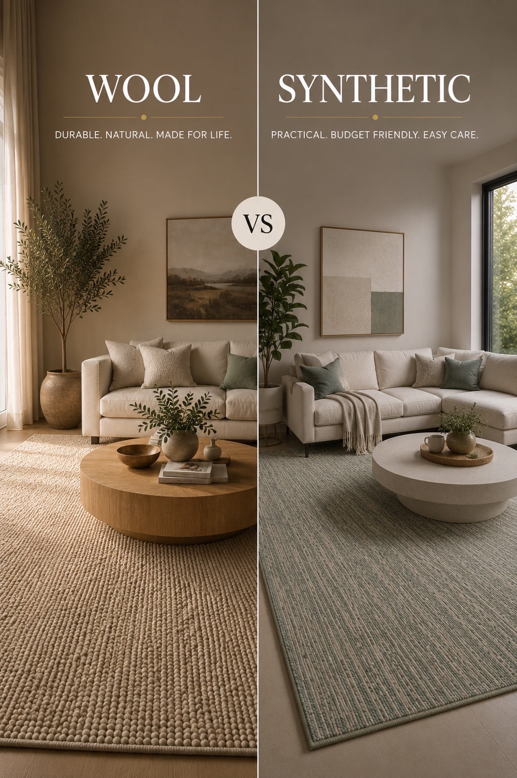 A split image of a styled wool rug and a styled synthetic rug in modern Perth home living rooms.