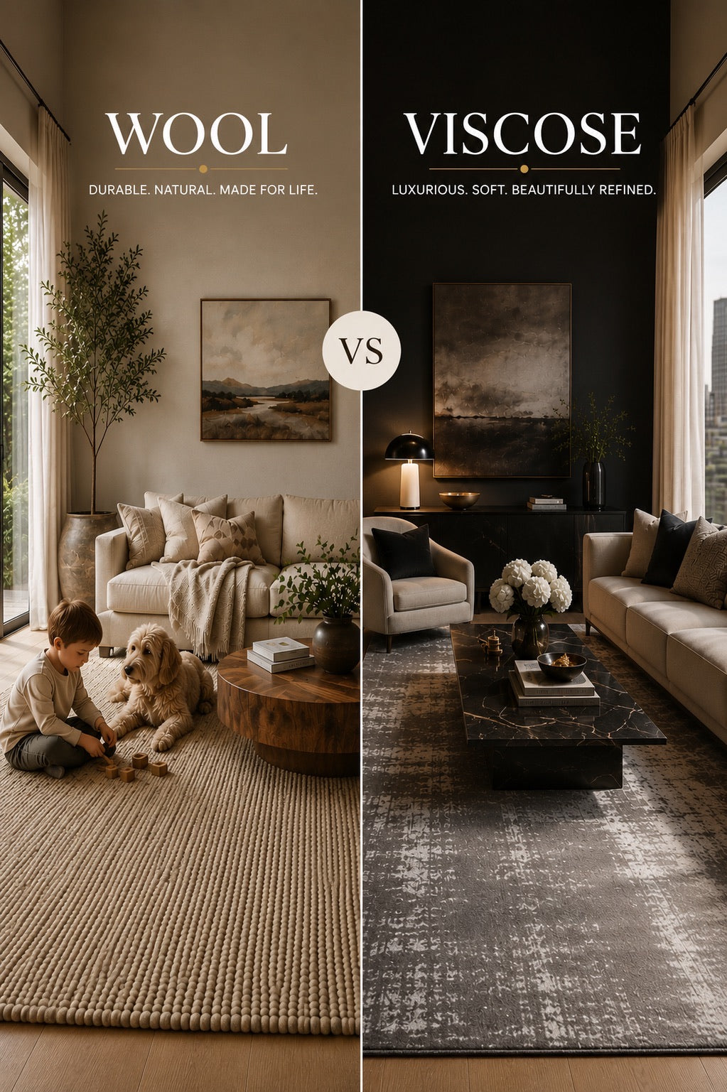 A split image of a wool rug and a viscose rug styled in modern Perth home living room settings.