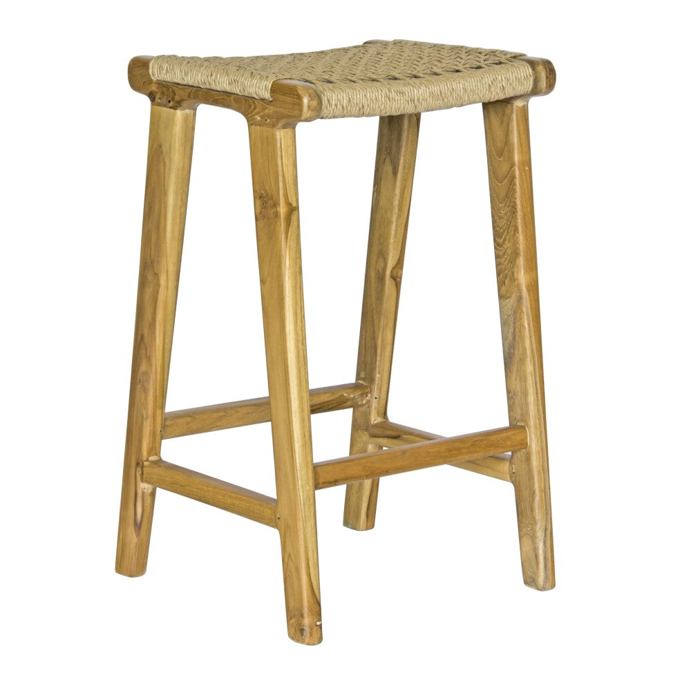 The Yakima Barstool boasts a coastal contemporary feel. Crafted from sustainable solid teak and featuring a luxurious synthetic rope seat. Colour natural. Measures 400 wide X 340 depth X 670 seat height. Angle Plain.