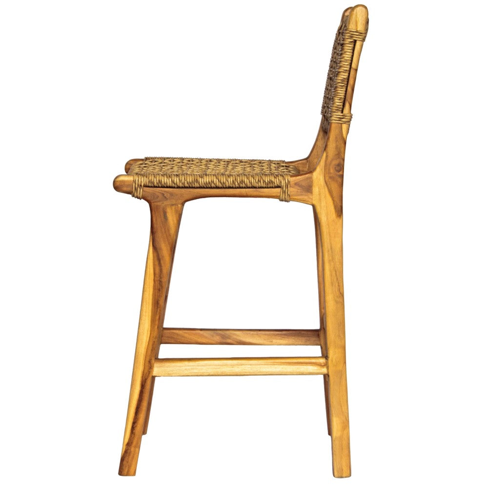 The Yakima with Back Barstool boasts a coastal contemporary feel. Crafted from sustainable solid teak and featuring a luxurious synthetic rope seat and back. Colour natural. Measures 400 wide X 500 depth X 670 seat height. Back height 1020. Side.