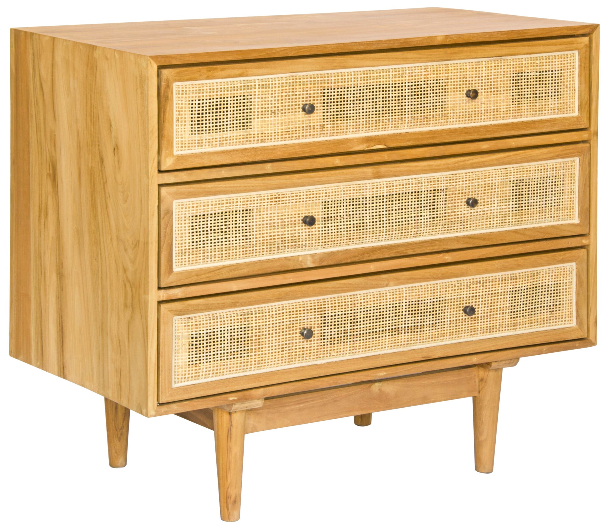 The Yosemite 3 Drawer chest features a solid white cedar frame and drawers.  Open mesh rattan drawer face with drawers on wooden runners. stylish turned legs. Measures 850W x 450D x 750H. Angle Plain.