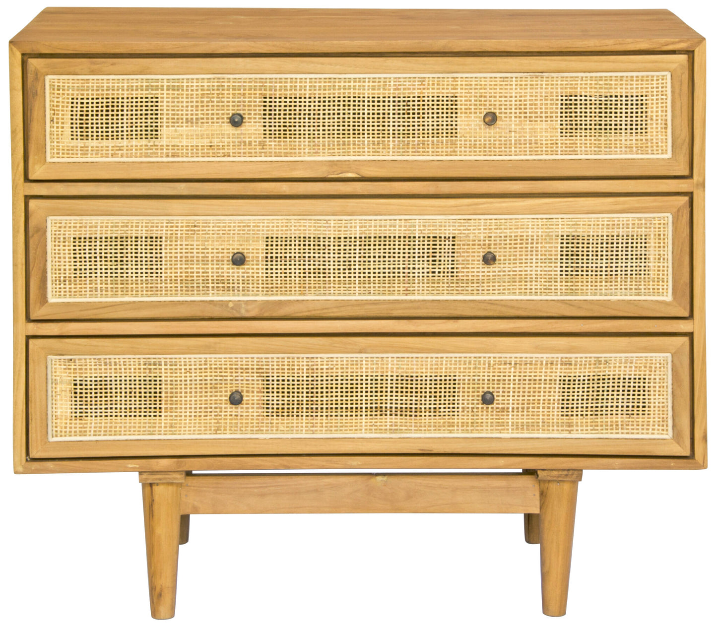 The Yosemite 3 Drawer chest features a solid white cedar frame and drawers.  Open mesh rattan drawer face with drawers on wooden runners. stylish turned legs. Measures 850W x 450D x 750H. Front Plain.