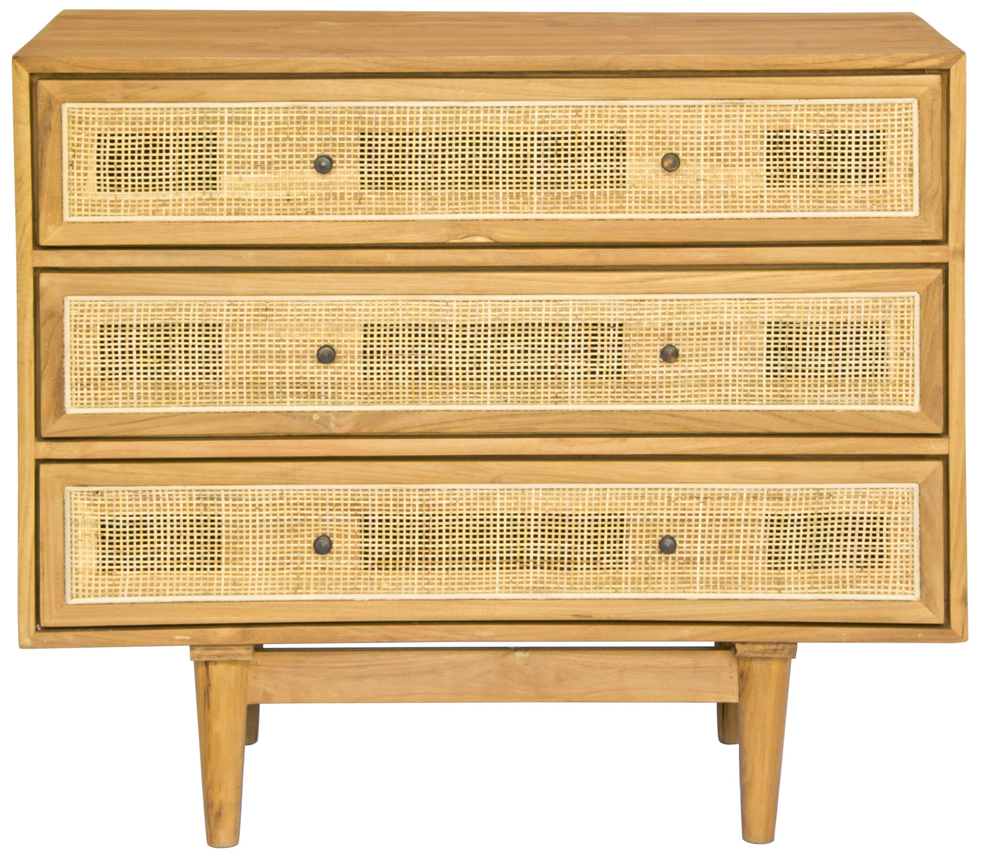 The Yosemite 3 Drawer chest features a solid white cedar frame and drawers.  Open mesh rattan drawer face with drawers on wooden runners. stylish turned legs. Measures 850W x 450D x 750H. Front Plain.