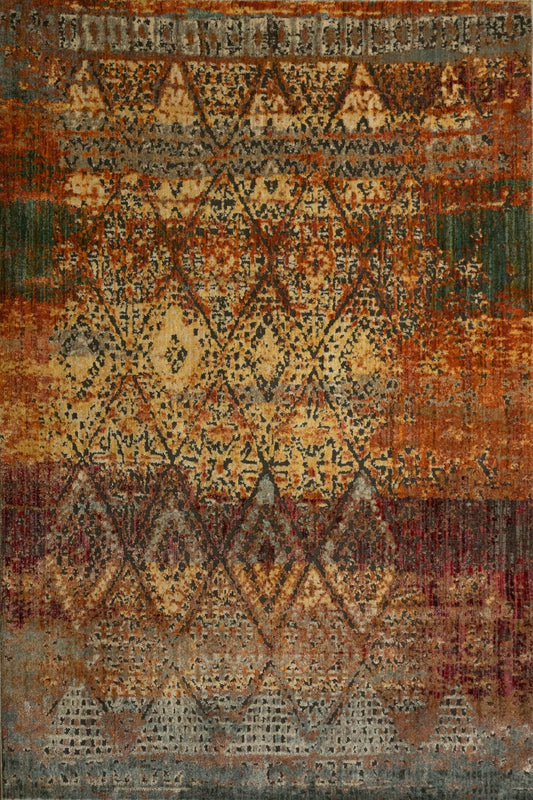 Zarita 112 GC3-X is a machine made rug from soft and durable polyester. Featuring Tribal diamond patterns. Colours Reds, Golds, Blacks and Light Greys. Sizes 240 X 320 and 300 X 380. Full.