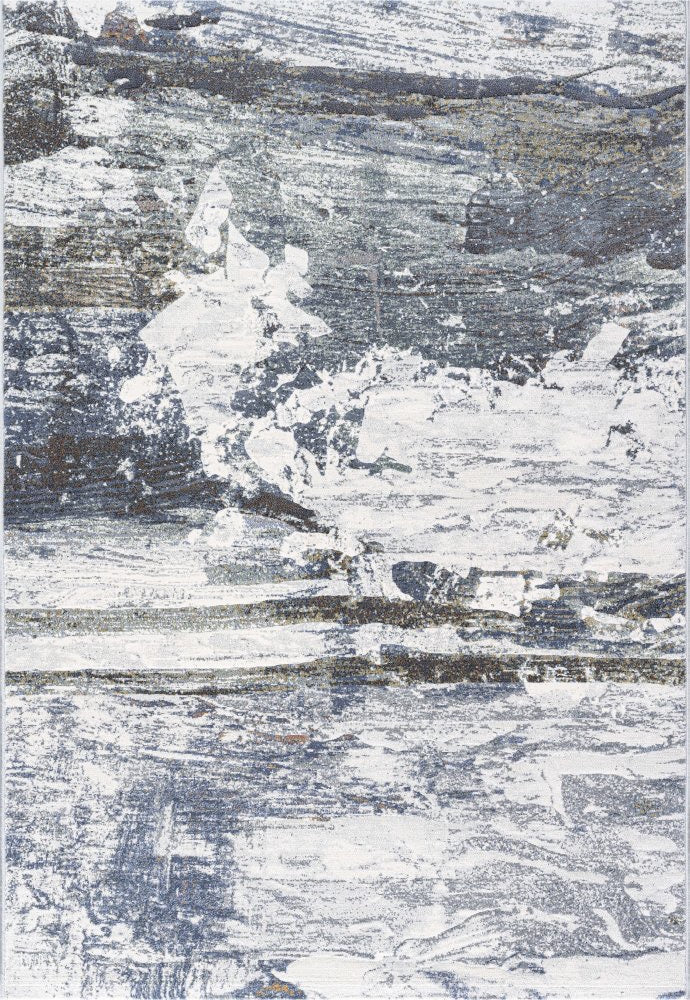 The Zenith Strata rug. This rug is skilfully created from strong heat-set polypropylene, showcasing a stylish contemporary design. Colours, whites, greys, blues, beiges. Full.