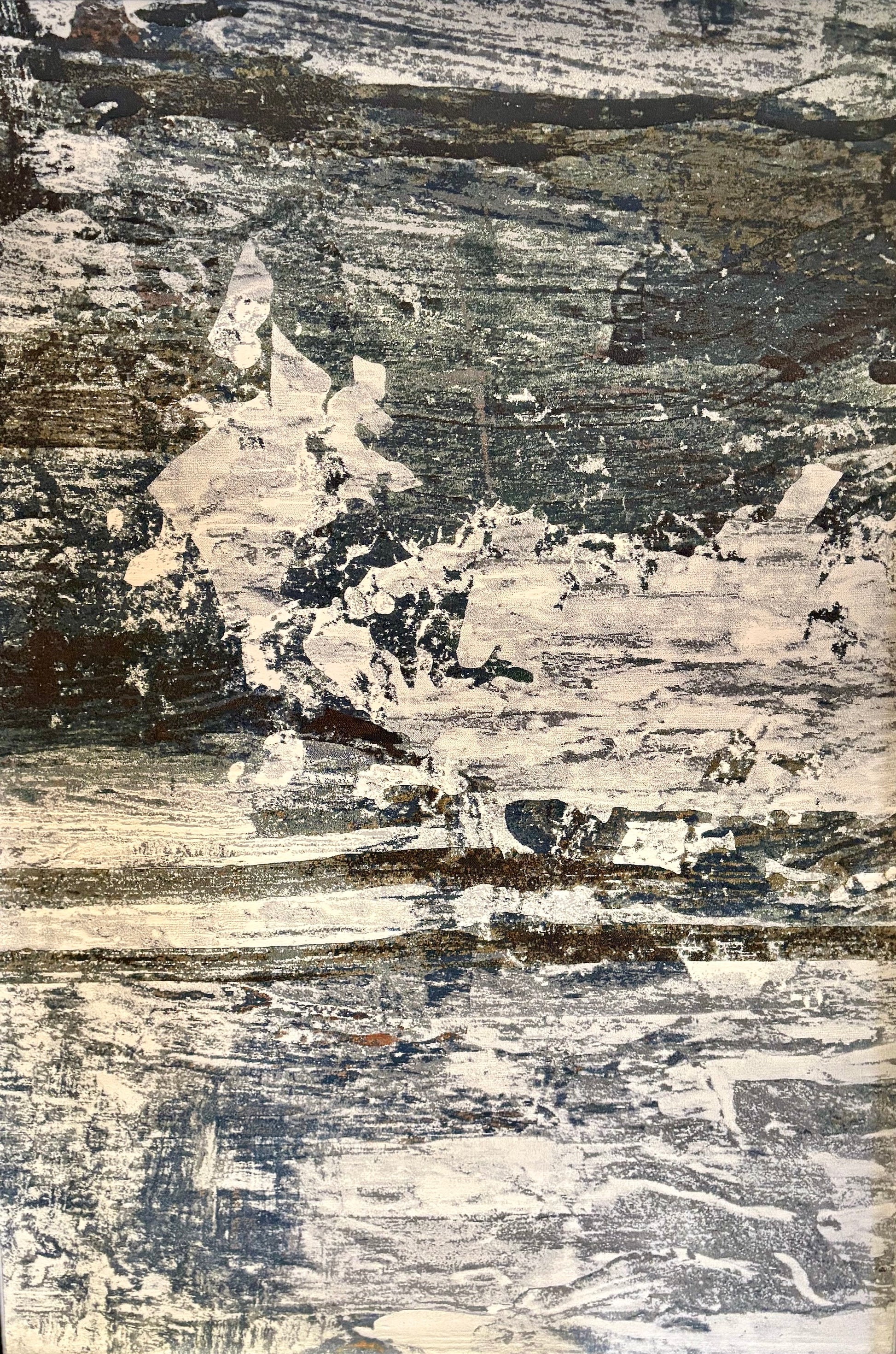 The Zenith Strata rug. This rug is skilfully created from strong heat-set polypropylene, showcasing a stylish contemporary design. Colours, whites, greys, blues, beiges. Top.