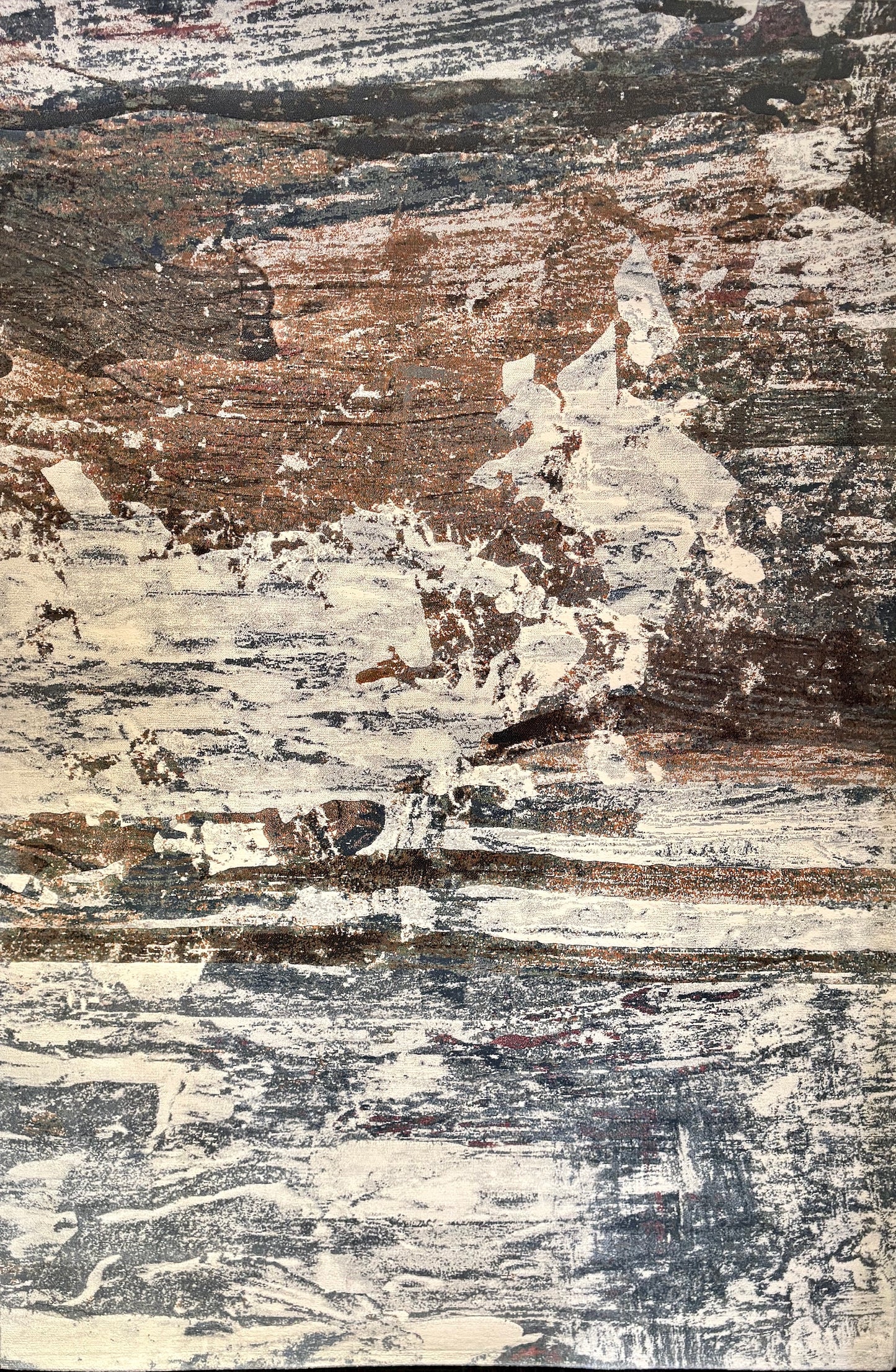 The Zenith Terrain rug. This rug is skilfully crafted from heat-set polypropylene, showcasing a stylish contemporary design. Colours, whites, blues beiges, dark greys. Top.