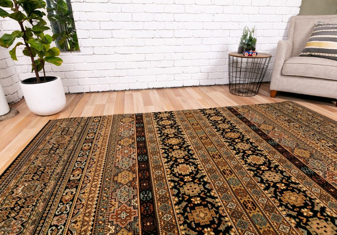 Afghan Black is a machine made rug featuring traditional afghan tribal designs.  Made from  heat-set polypropylene. Colours Reds, Blacks, and Golds.  Sizes. 160 X 235, 200 X 285, 240 X 340 and 300 X 400. Life.