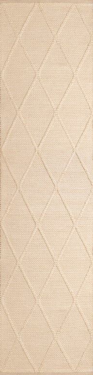 The Colombo Runner - Cream is a textured hand woven hallway runner rug. Made from 80% wool and 20% polyester, it features a braided diamond pattern for an extra textured feel.  Colour Cream. Size 80 wide x 320 Length. Front.