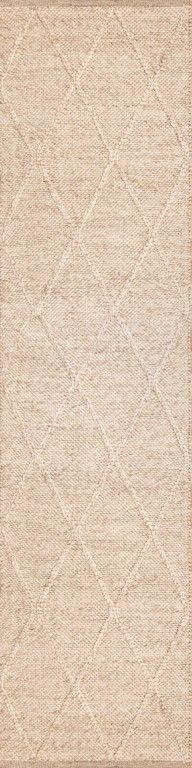 The Colombo Runner - Beige is a textured hand woven hallway runner rug. Made from 80% wool and 20% polyester, it features a braided diamond pattern for an extra textured feel.  Colour Beige. Size 80 wide x 320 Length. Front.
