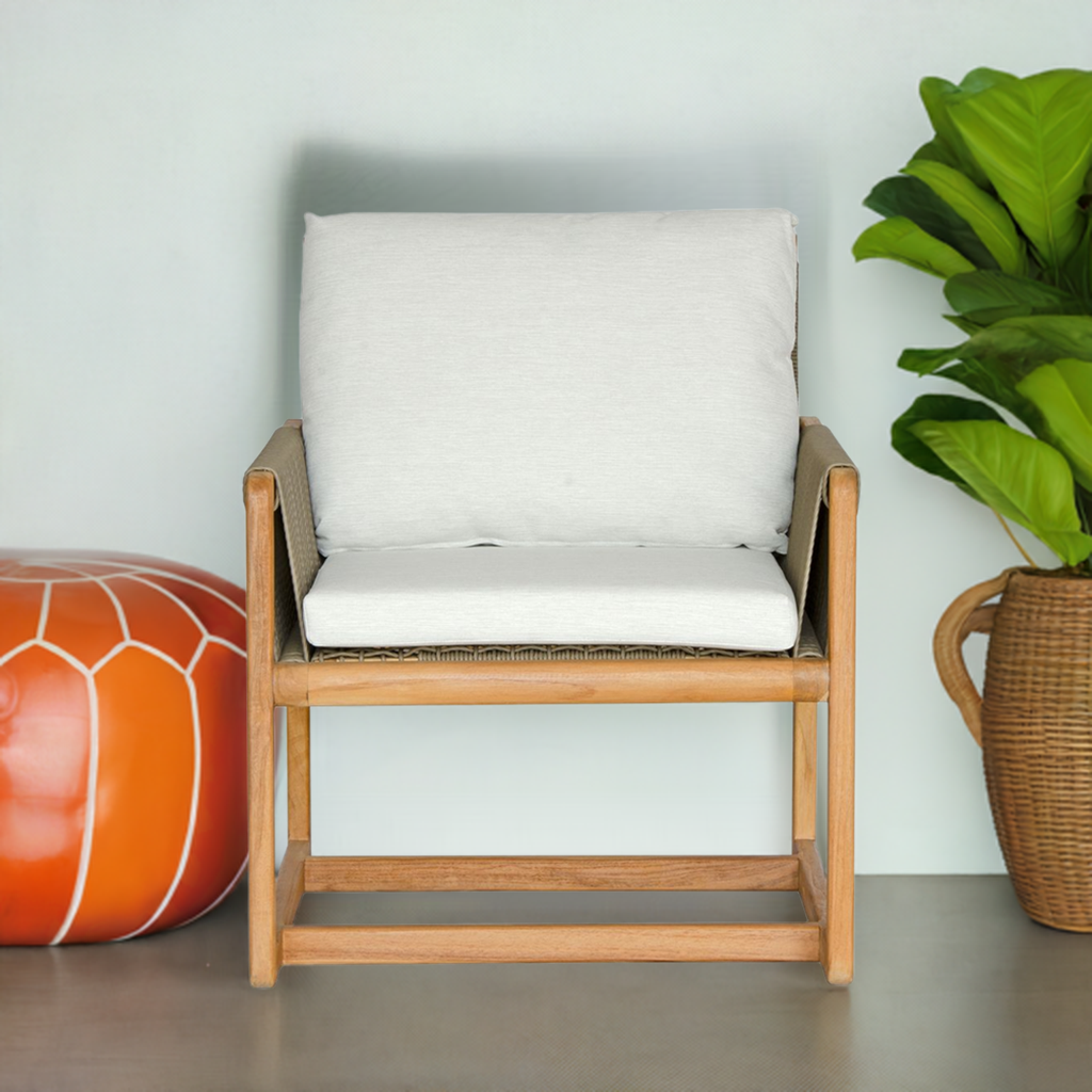 The Azalea Occasional Chair. Made with sustainable solid teak frame, with rope, and UV resistant cotton twill cushions. This occasional chair exudes style while providing comfort and durability. Measures 700 Wide X 700 Depth X 800 Back Height - 470 Seat Height. Styled.